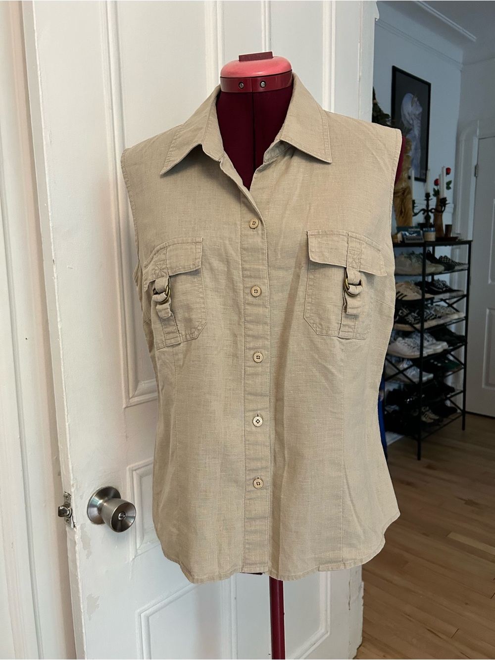 Sleeveless Button-Front Utility Shirt - Beige